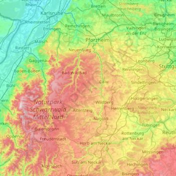 Topografische Karte Regierungsbezirk Karlsruhe, Höhe, Relief