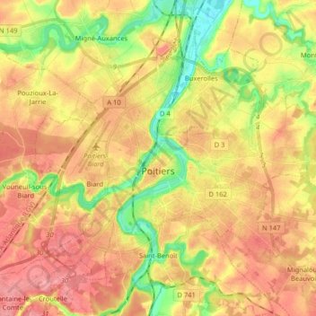 Topografische Karte Poitiers Hohe Relief