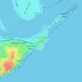 Topografische Karte Newcastle East, Höhe, Relief