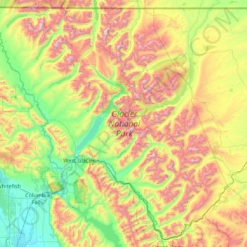 Topographic Map Of Glacier National Park Topografische Karte Glacier National Park, Höhe, Relief