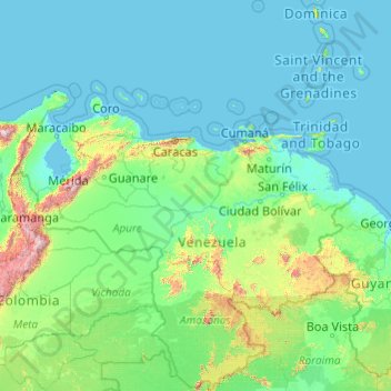 Topografische Karte Venezuela, Höhe, Relief