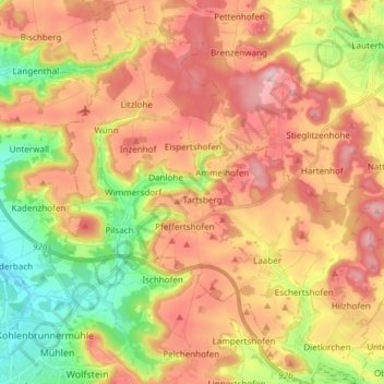 Topografische Karte Bayern, Höhe, Relief