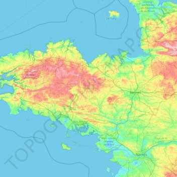 carte altitude bretagne Topografische Karte Bretagne, Höhe, Relief