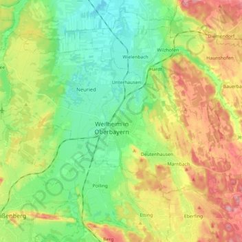 Topografische Karte Weilheim  in Oberbayern  H he Relief